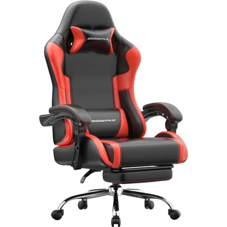Dowinx Gaming Stuhl, Ergonomischer Gamer Stuhl für Büro und Home Office, Verstellbarer Bürostuhl mit Rückenlehne bis 150°, mit Fußstütze, Belastbar bis 180 kg, Rot – Bild 1