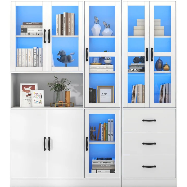 3135034567WAA)Modernes weißes Kombivitrinen-Set 200 cm hoch und 180 cm lang, weiße Standvitrine mit LED-Beleuchtung, 8 Türen, 3 Schubladen - perfekt für die Präsentation Ihres Hauses!--Weiß--180x40x200cm--YOUDENOVA – Bild 4