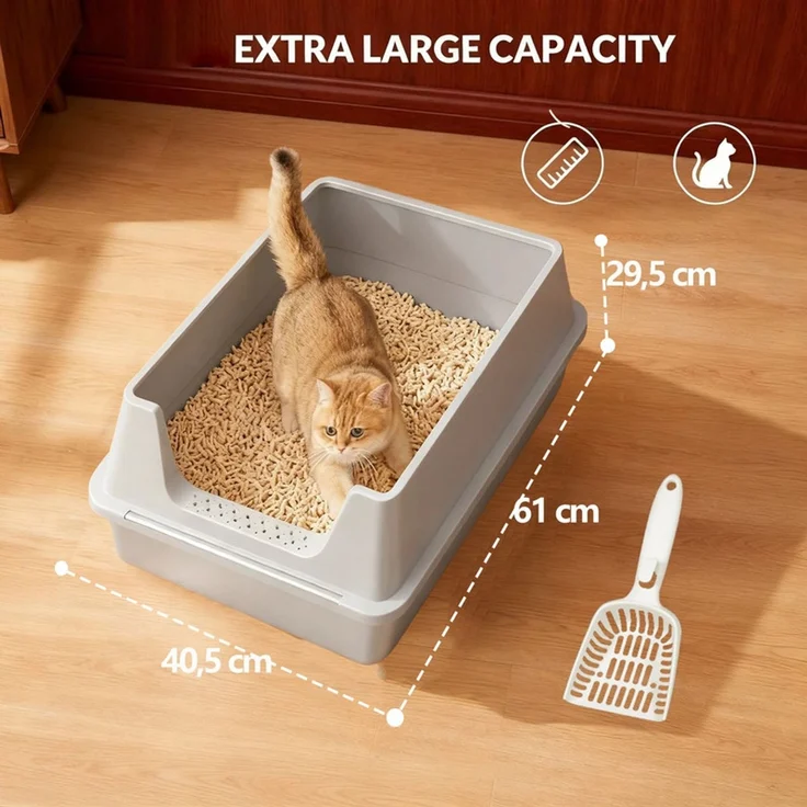 Halupeit XXL Katzentoilette aus Edelstahl, hoher Rand zum Schutz vor Spritzern und Auslaufen, leicht zu reinigen, Streuschaufel inklusive, Hellgrau, 61 x 40.5 x 29.5 cm – Bild 4