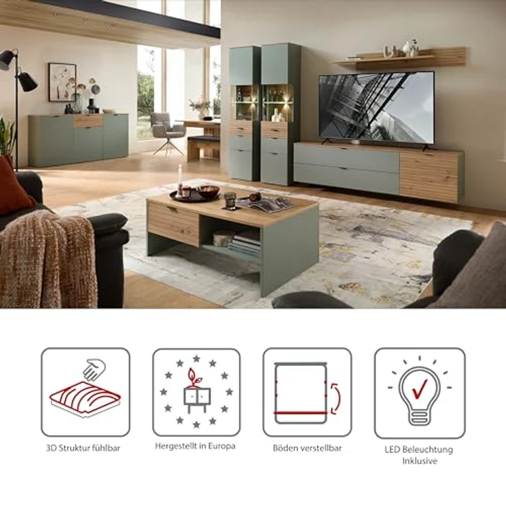 Stella Trading INA Wohnwand Komplett-Set in Schilfgrün, Artisan Eiche Optik FSC-Zertifiziert - Moderne Schrankwand 5-teilig mit LED-Beleuchtung für Ihr Wohnzimmer - 320 x 200 x 44 cm (B/H/T) – Bild 4