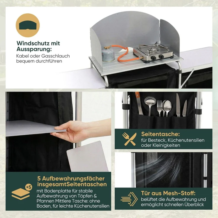 Sekey Campingschrank XXL Faltbar Campingküche mit Aluminiumgestell inkl. Windschutz und Tragetasche, Schwarz – Bild 4