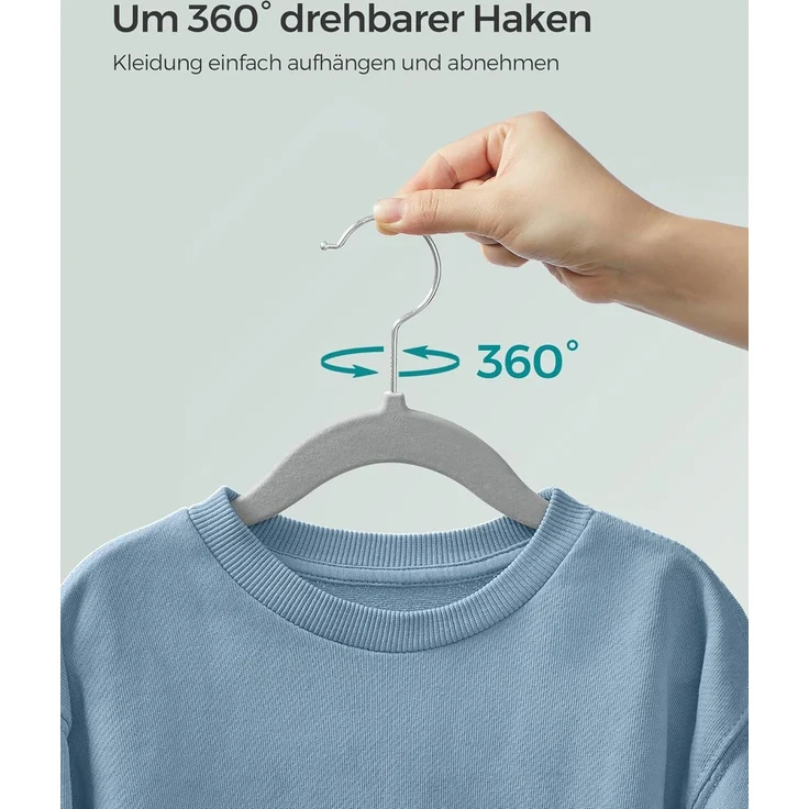 SONGMICS Kinderkleiderbügel, 50er Set Kleiderbügel Kinder, Baby-Kleiderbügel, Bügel Samt, 360° drehbarer Haken in Silber, platzsparend, rutschfest, für Kleiderschrank, Taubengrau CRF027G05 – Bild 7