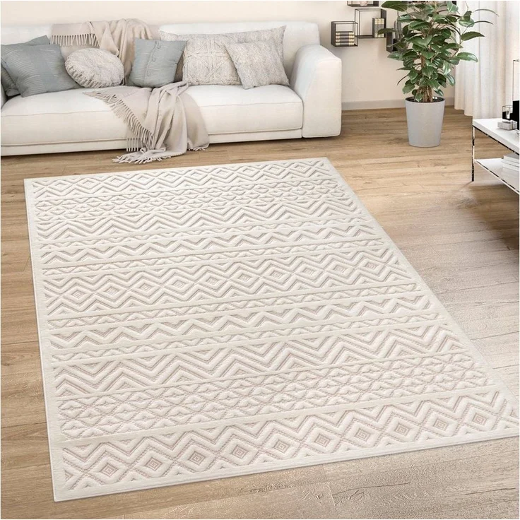Paco Home Teppich Livorno 673, rechteckig, Höhe: 14 mm, Uni-Farben, Scandi, Rauten Muster, Hoch-Tief Effekt, Outdoor geeignet – Bild 1