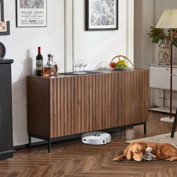 Merax 150x40x80cm Eiche dunkel gemasert, Sideboard, Mid-Century Modern Dekoschrank, 3 Türen, welliges 3D-Design, verstellbare Einlegeböden, Kippsicherung-stilvolle Aufbewahrung für Wohnzimmer, Esszimmer – Bild 1