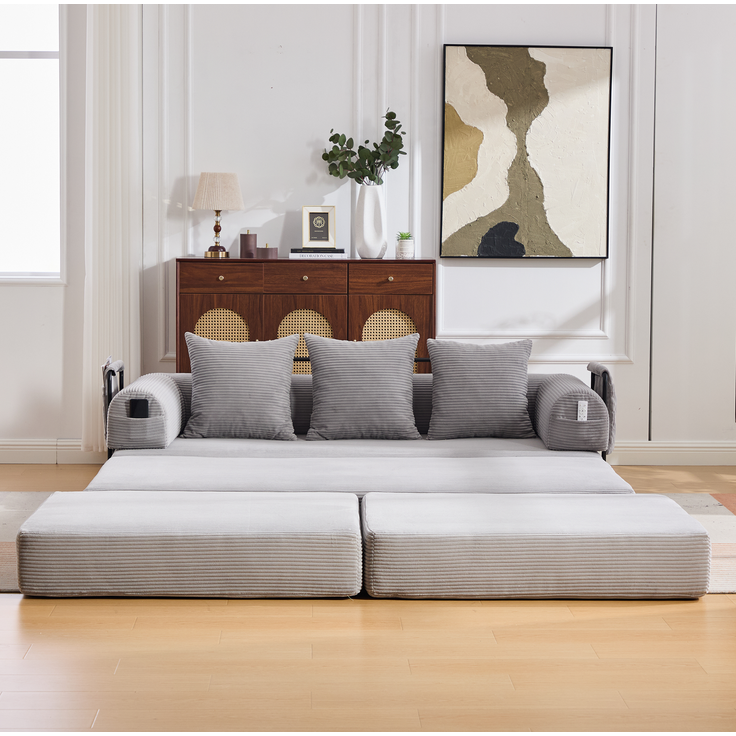 Modulares Cordsofa mit Hocker, Metallgestell & Seitentasche, 200x190x67 cm, Hellgrau – Bild 4