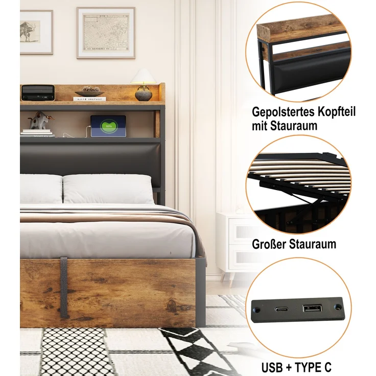 Bettrahmen 140x200 cm mit hydraulischer Hebevorrichtung, USB-Ladestation, gepolstertem Kopfteil, Vintage-Design aus Holz und Metall, Schwarz – Bild 4
