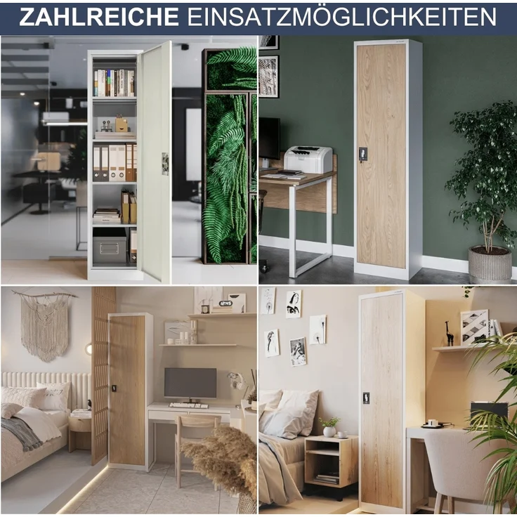 Aktenschrank abschließbar KADO - 5 Ebenen verstellbar, Flügeltüren | Metallschrank Werkstatt Mehrzweckschrank Büroschrank aus Stahl Werkzeugschrank, 185x45x40cm Weiß-Sonoma Eiche – Bild 6