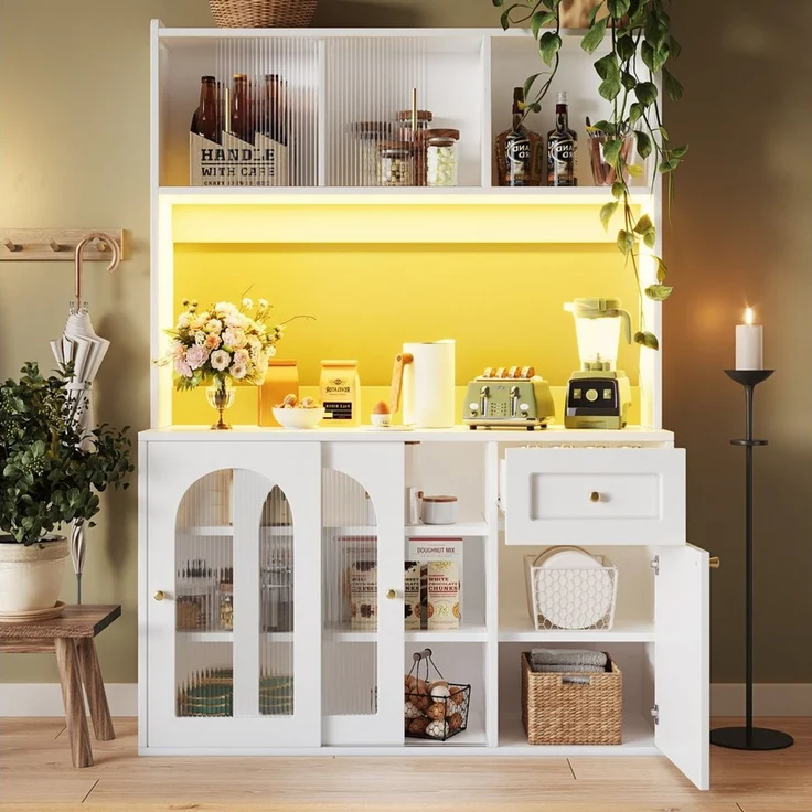 Flieks Küchenbuffet mit LED-Beleuchtung, Glas-Schiebetüren und Schubladen (1-St, B120/T35/H167 cm) Hochschrank Küchenschrank Geschirrschrank mit verstellbare Ablagen