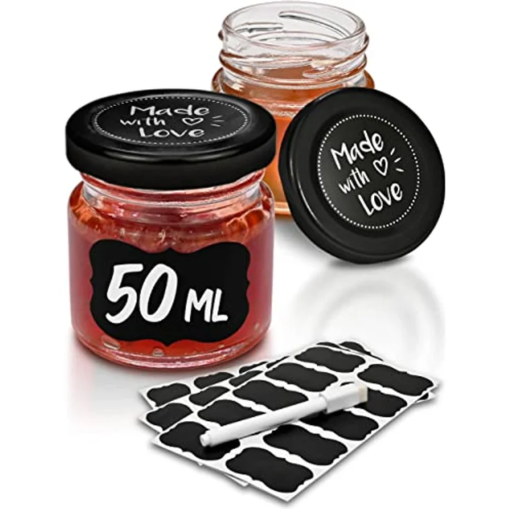 Praknu Einmachglas 24 Mini Gläser mit Deckel 50 ml - Mit Etiketten und Stift, Glas, (Set, 24-tlg), Mit Etiketten & Stift - Luftdicht - Spülmaschinenfest – Bild 1