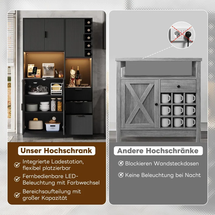 ZUBALIYA Weinschrank 105x40x180 cm, mit LED-Beleuchtung, mit Steckdosen, mit verstellbaren Einlegeböden, aus MDF, Schwarz – Bild 4