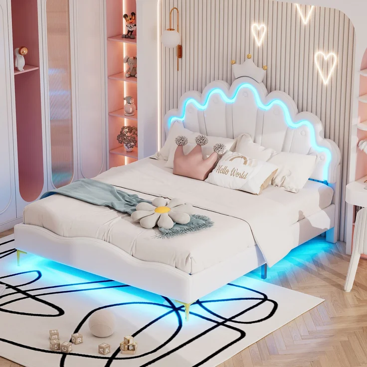 140*200cm Flaches Doppelbett, kronenförmiges Prinzessinnenbett, weiche Polsterung aus PU-Leder, verstellbarer LED-Umgebungslichtstreifen, weiß – Bild 2