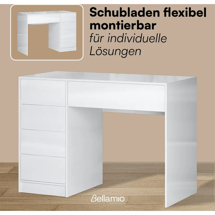 Bellamio 'Livny' Schminktisch mit Spiegel, LED-Beleuchtung, mit 5 Schubladen, beidseitig montierbar, weiß Hochglanz, 80x53x110 cm, LED-Beleuchtung mit mit 3 einstellbaren Lichtfarben – Bild 4