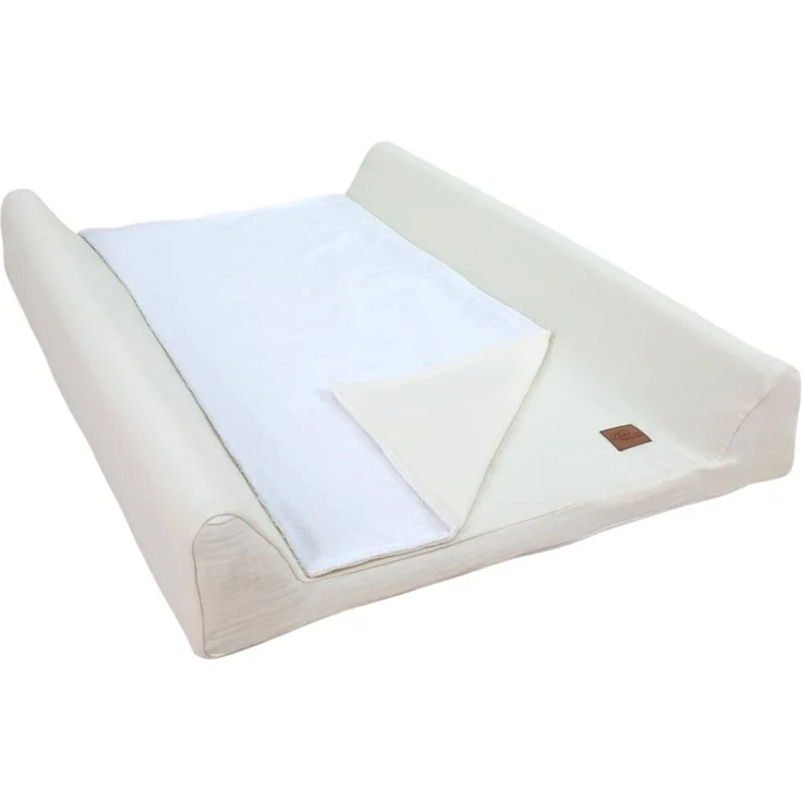 Wiklinopol Wickelauflage 50x70 cm Baby – 3in1 Set mit abnehmbarem Musselin-Bezug (ecru) Wickelunterlage Abwaschbar mit Umrandung + Wasserdichte Frottee-Wickeltischauflage für Unterwegs