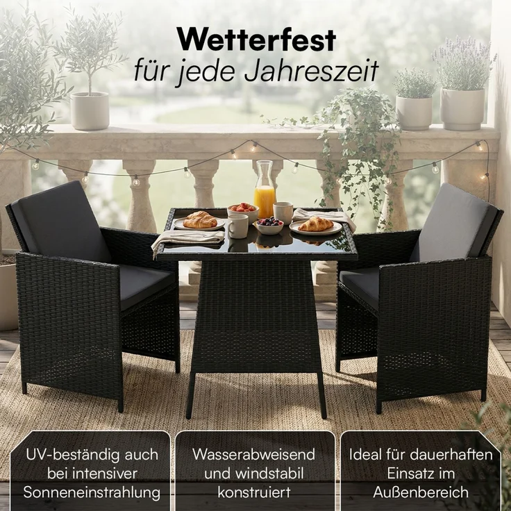 STEELSØN 'Xenara' Polyrattan 3-tlg. Gartenmöbel Set, Sitzgruppe aus 2 Stühlen und Tisch mit Glasplatte, zusammenklappbar, schwarz/anthrazit, wetterfest – Bild 5