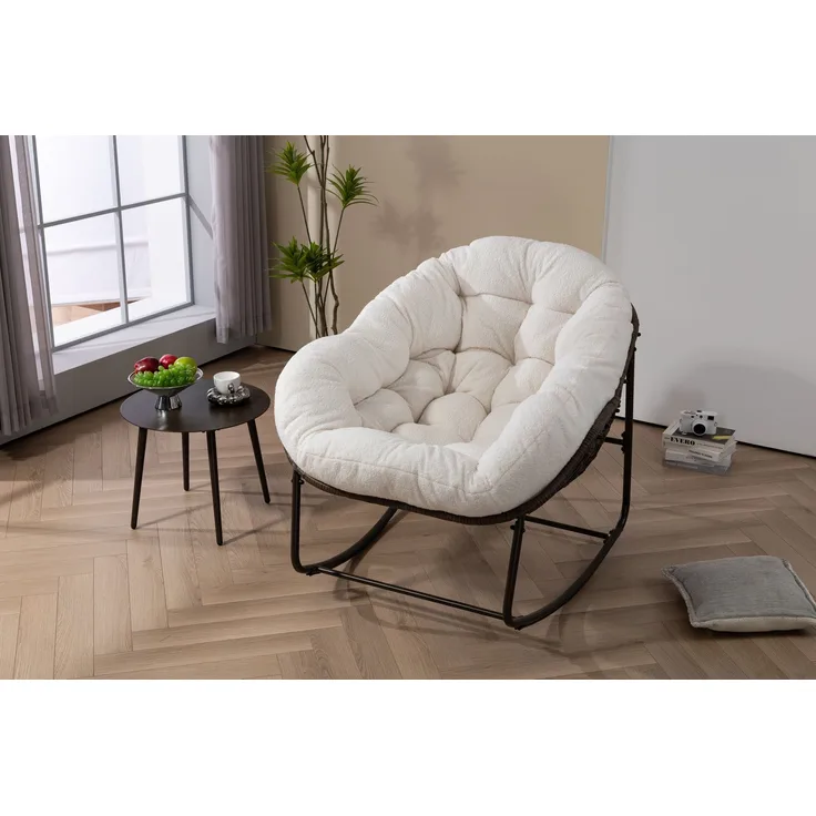 Rattan-Schaukelstuhl für den Außenbereich, gepolsterter Schaukel- und Liegesessel für Veranda, Wohnzimmer, Terrasse, Garten, Weiß – 93 x 73 x 23 cm – YOUDENOVA