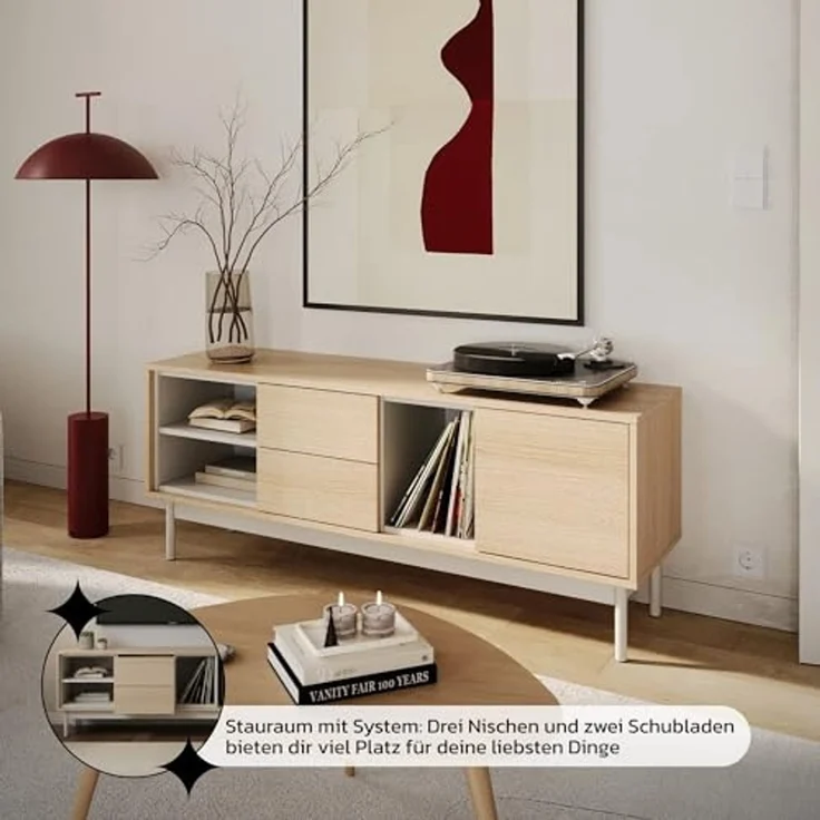 Selsey Tv Schrank - Modernes Tv Board Für Wohnzimmer, 138 cm, Lindberg-Eiche & Kaschmir, Stauraum Mit Schrank, 2 Schubladen, 3 Fächer, Hochwertiges Laminat, Metallfüße, Für Tv Bis 55 Zoll – Bild 6