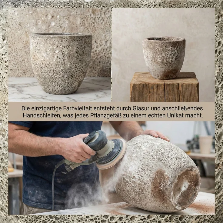 Keramik Blumentopf Eggpot Lava Weiß Ø 29cm Struktur Übertopf geschliffen Unikat – Bild 2