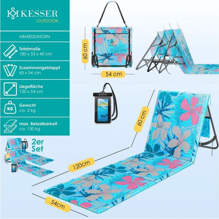 KESSER® Strandmatte klappbar mit verstellbarer Rückenlehne, Strandliege faltbar mit Tragegurt, wasserdichter Handyhülle & Aufbewahrungstasche, Sonnenliege für Strand Garten Terrasse, Liegematte 130Kg Hellblau, 2er Set – Bild 2