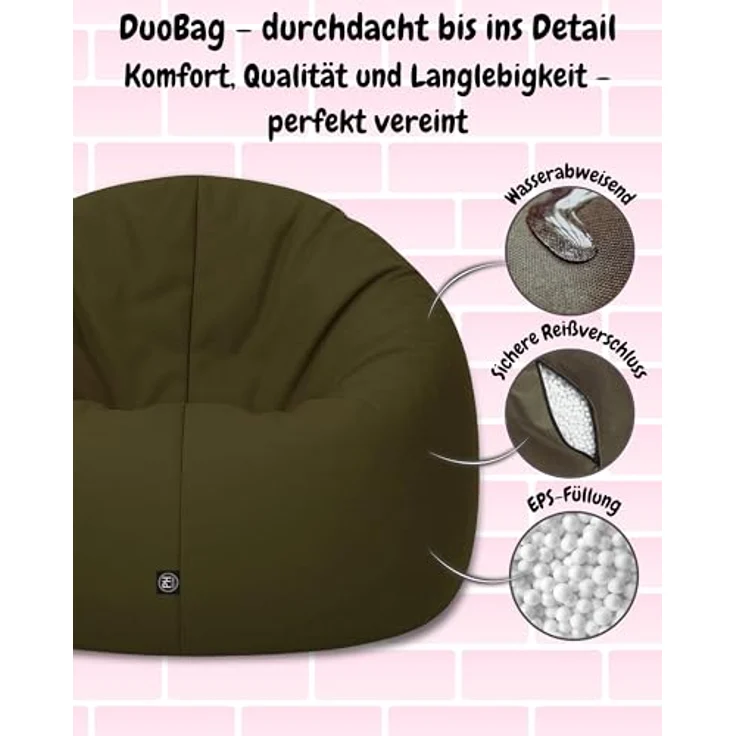 PATCH HOME 2-in-1 Sitzsack Sessel - Gaming Bean Bag mit Reißverschluss - Bereits befüllt, Ergonomisch & Robust für Kinder & Erwachsene - Indoor & Outdoor, Wetterfest (Khaki, 155cm) – Bild 6