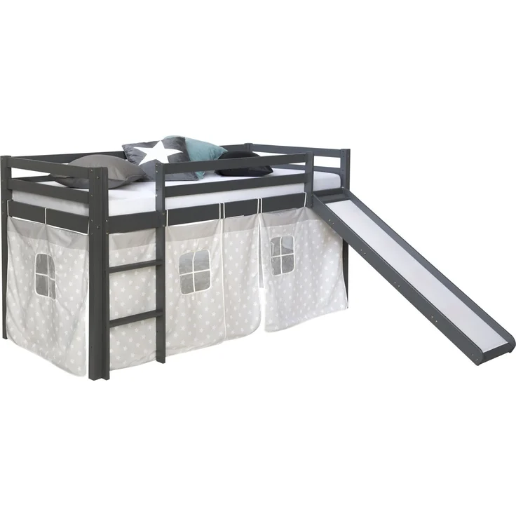 Hochbett mit Matratze 90x200 Rutsche Stockbett Grau Kinderbett Holz Kiefer Vorhang Sterne Lattenrost – Bild 5