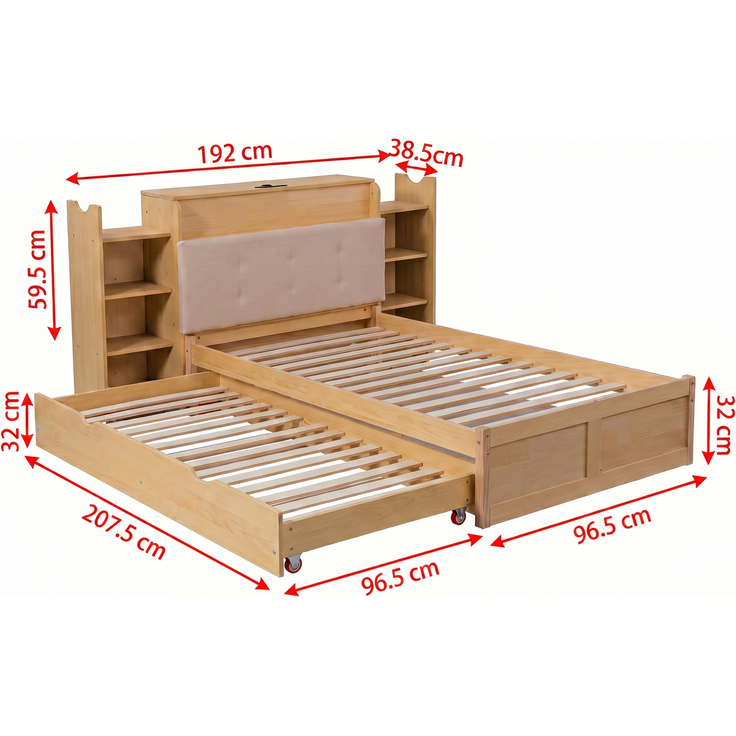 Abrihome Ausziehbett 90x200 bis 180x200 cm, Massivholz & MDF, Einzel-/Doppelbett, Rollen, Natur – Bild 8