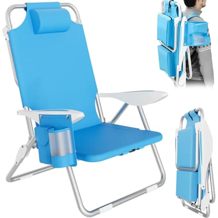 BAKAJI Strandstuhl, faltbar, zusammenklappbar, Gestell aus Aluminium, mit Tasche für alle Gegenstände, integrierte Kühltasche und Rucksackriemen (Blau), Polyester Baumwolle, Unica