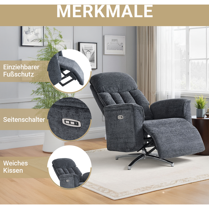 HOME NATURE WOHNKONZEPT Elektrischer Relaxsessel mit USB-Anschluss, elektrisch verstellbarer TV-Sessel mit Liegefunktion, Chenille Dunkelgrau, bis 350 kg, FT9202 – Bild 4