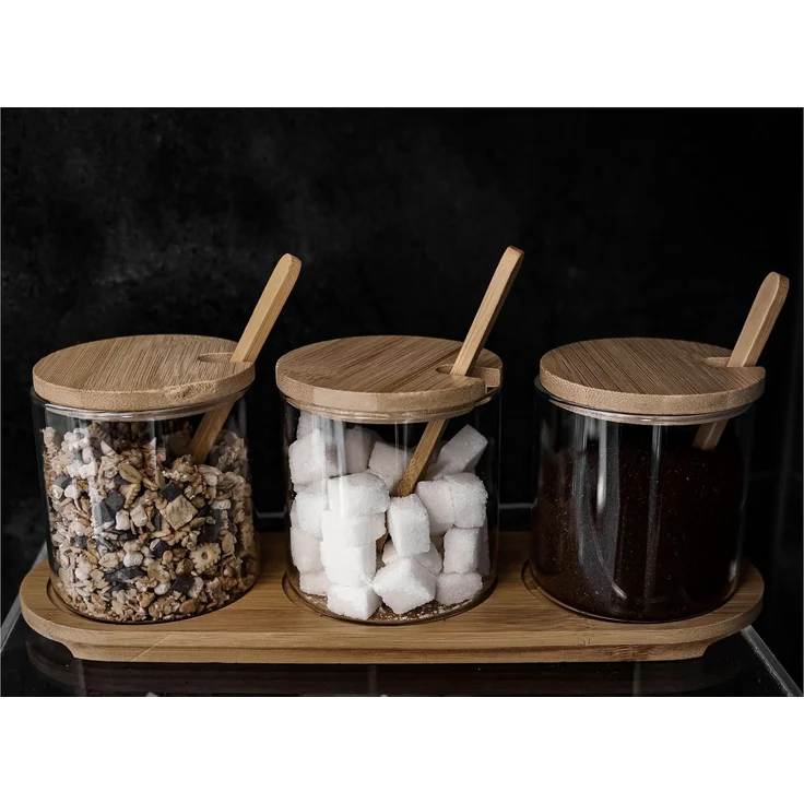 Praktische Vorratsbehälter aus Glas mit Holzplatte, Holzdeckel & Holzlöffel – Bild 5