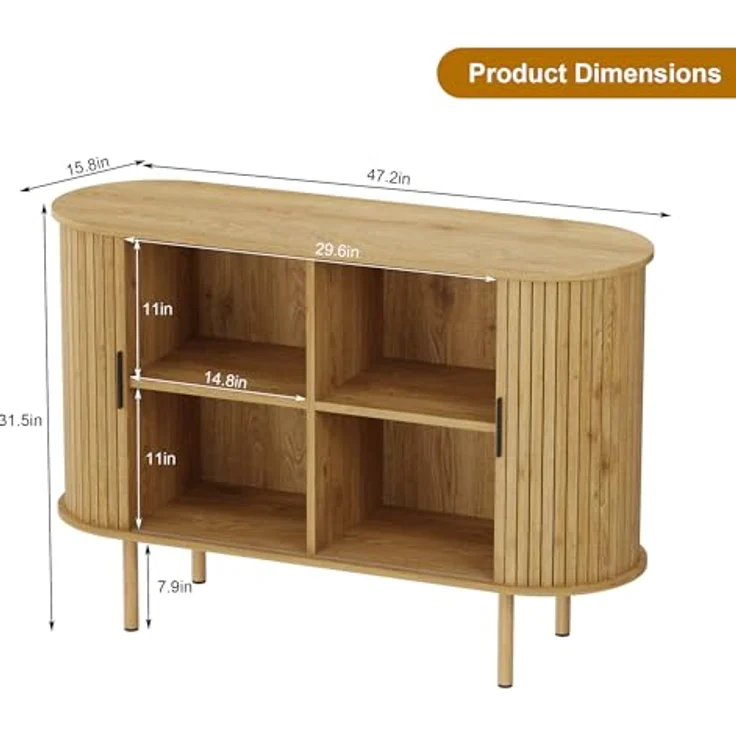 GarveeHome Ovales Sideboard, Buffet mit Schiebetüren, 2-stöckiger Wohnzimmerschrank mit verstellbaren Einlegeböden, für Wohnzimmer, 120 x 40 x 80 cm – Bild 2