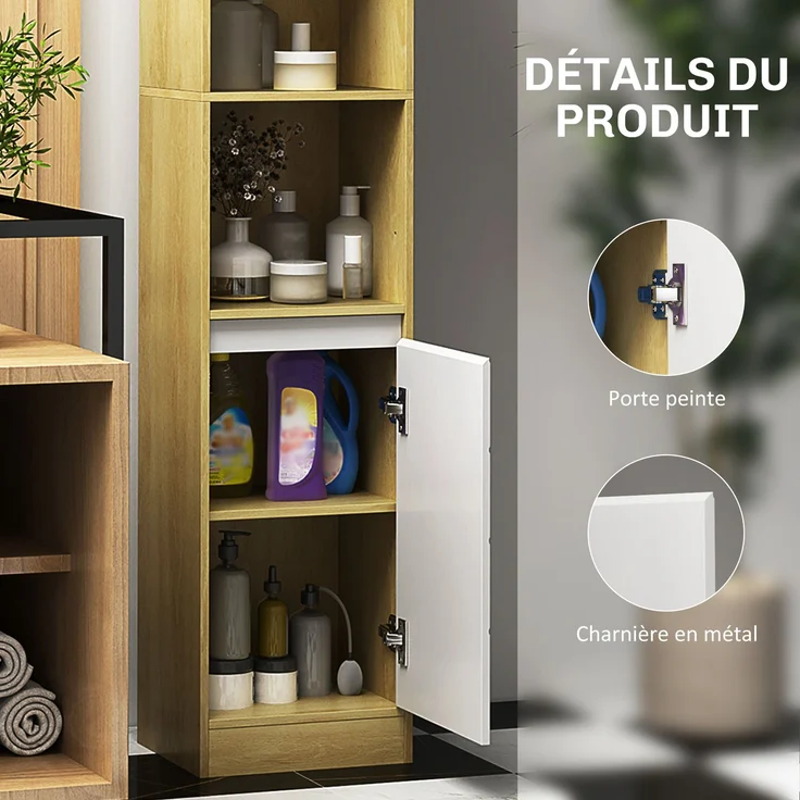Gemütlicher Bad-Hochschrank 30 x 24 x 170 cm, 2 Türen, 1 Regal, 2 Nischen, Eiche hell, weiß – Bild 7