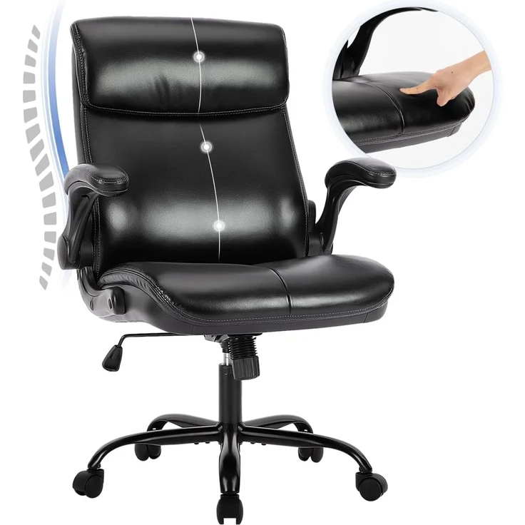 COLAMY Schreibtischstuhl, Ergonomischer Bürostuhl mit Verstellbaren Armlehnen, Chefsessel mit Hoher Rückenlehne, Höhenverstellbar und Neigbar Drehstuhl mit Dicker Lederpolsterung, Schwarz