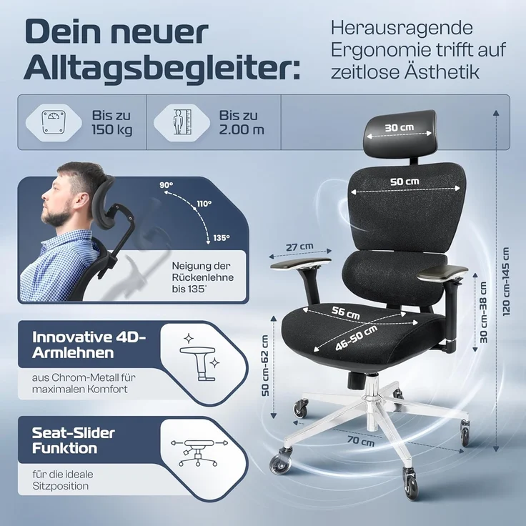 CLOUVOU ProSeat Bürostuhl Ergonomisch [TESTSIEGER] Schreibtischstuhl 100% individuell einstellbar | Büro Stuhl & Gaming Stuhl | Computerstuhl Home Office Chair Ergonomic | Drehstuhl 150 kg – Bild 2