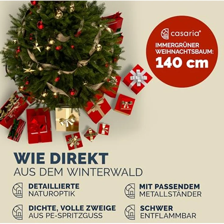 Casaria Künstlicher Weihnachtsbaum, 140cm dichte Spitzen naturgetreu Metallständer Schnellaufbau flammfest – Bild 6
