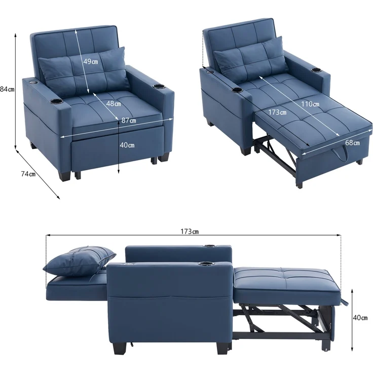 Schlafsessel 3-in-1 in Blau 74cm×87cm×84cm mit USB-Anschluss und Getränkehaltern – Bild 5