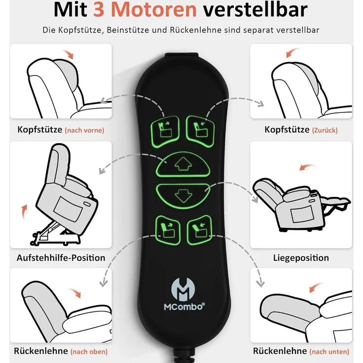 M MCombo Fernsehsessel mit Aufstehhilfe Elektrisch 7550, 3 Motoren, Rückenlehne & Beinstütze Getrennt Verstellbar, Relaxsessel mit Liegefunktion bis 170° (Chenille, Beige) – Bild 5