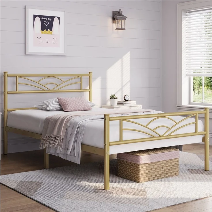 Yaheetech Metallbett mit Lattenrost, Wolkenmuster, Antikgold, 90x190 cm – Bild 1