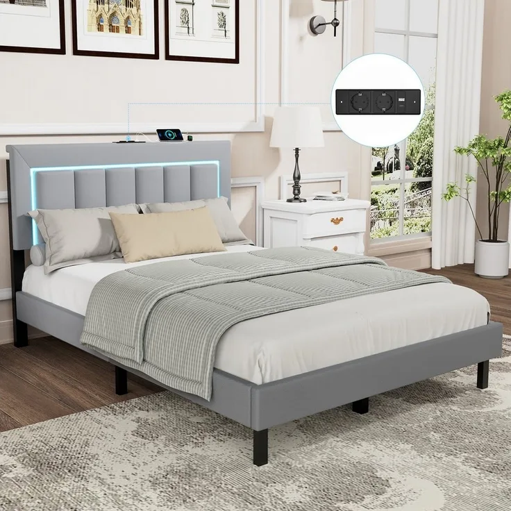 oyajia Polsterbett Polsterbett Doppelbett mit USB+Type C und LED-Beleuchtung (Jugendbett, Bettgestell), 90/140x 200 cm,Gepolstert,Kunstleder,mit Kopfteil und Lamellen