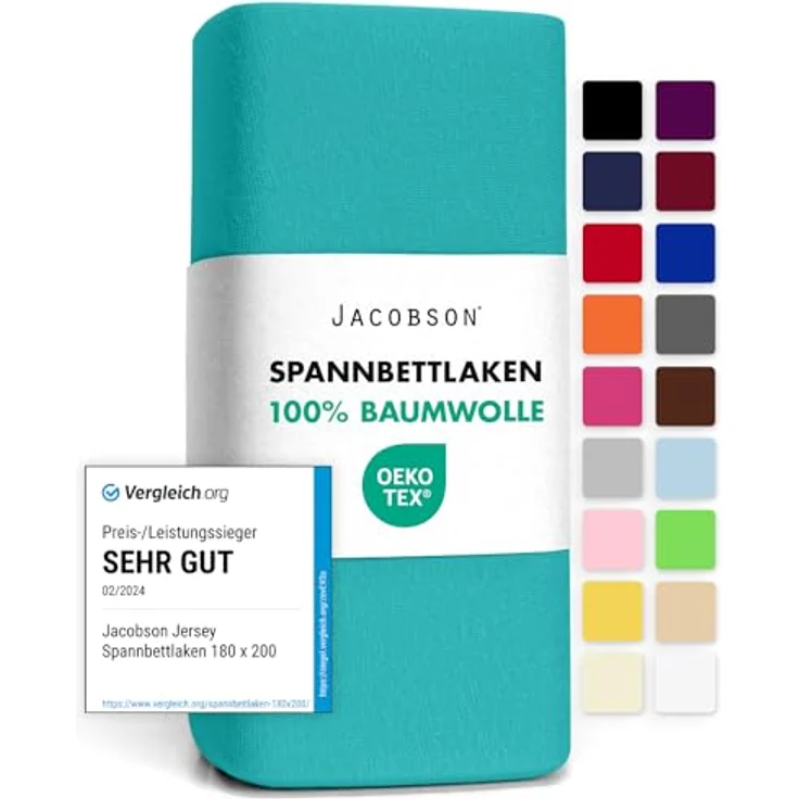 Jacobson Jersey Spannbettlaken Spannbetttuch Baumwolle Bettlaken (120x200-130x200 cm, Türkis) – Bild 2