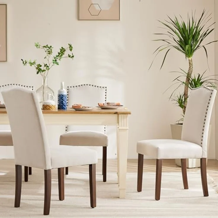 Sweetcripy Esszimmerstuhl (2er Set), Hochwertige gepolsterte Leder-Esszimmerstühle mit Nagelkopfverzierung und Holzbeinen, Esszimmerstühle für Schlafzimmer, Wohnzimmer, Esszimmer, Beige White – Bild 3