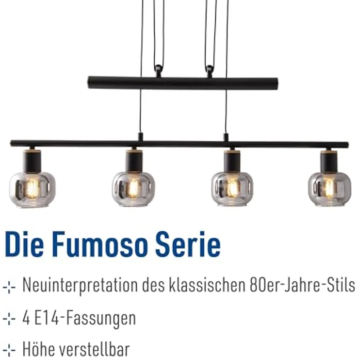 Näve Pendelbalkenleuchte Fumoso 4-flammig, Schwarz/Natur mit E14 Fassungen und höhenverstellbar von 100 cm bis 160 cm – Bild 2