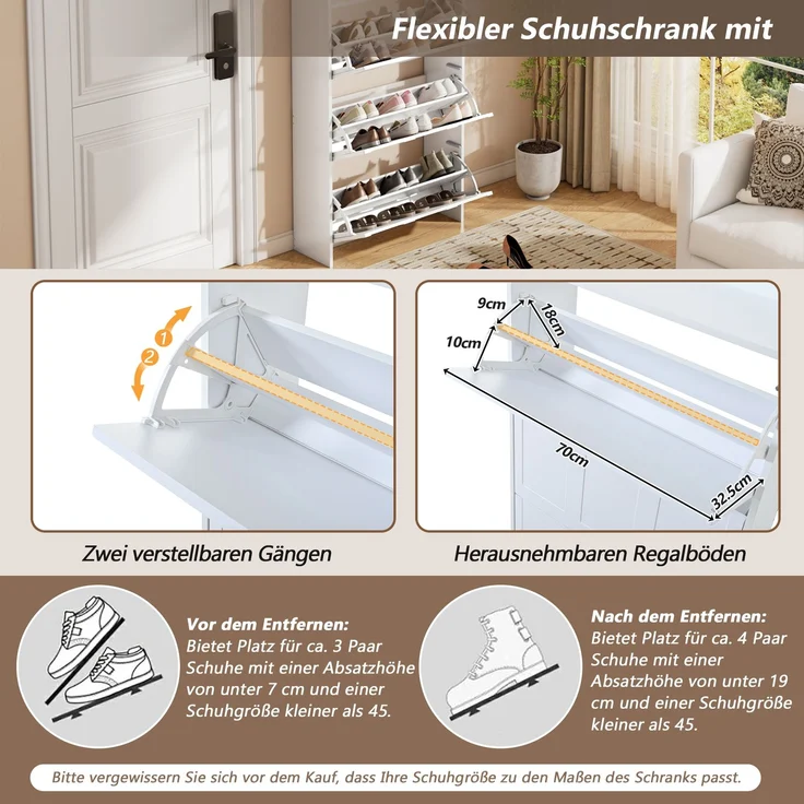 Schuhschrank 140 x 25 x 120 cm aus MDF, weiß, mit 6 Klapptüren und Schublade – Bild 8