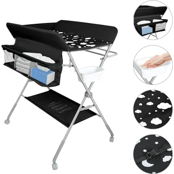 Baby Klappbarer Wickeltisch，Mobiler Wickeltisch mit Rollen und Wickelauflage,Wasserdicht und Höhenverstellbar，Baby Wickelkombi mit Ablagefächern-80 * 58 * 90 cm-schwarz – Bild 4