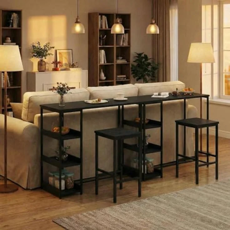 Essgruppe Mit 2 Barhockern & Aufbewahrungsregal | 3-Tlg. Esstisch Set Aus Eisen Und Holz Für Kleine Küchen & Apartments | Küchentisch Mit Ablagefächern, Platzsparendes Esstisch Set Für Beengte Räume – Bild 3
