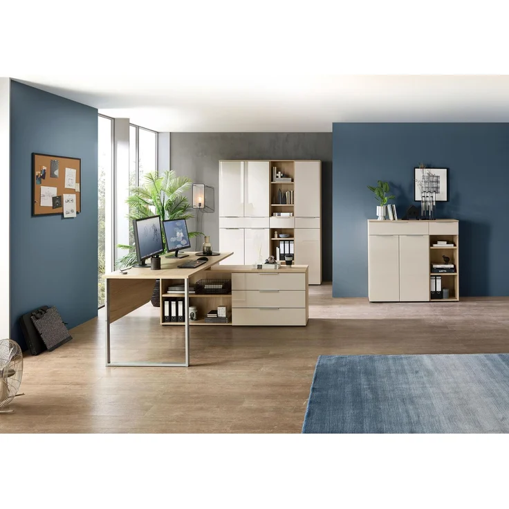 Komplettbüro Büro-Set SANTORIN VI Riva Eiche & Glas Cashmere 6-teilig – Bild 1