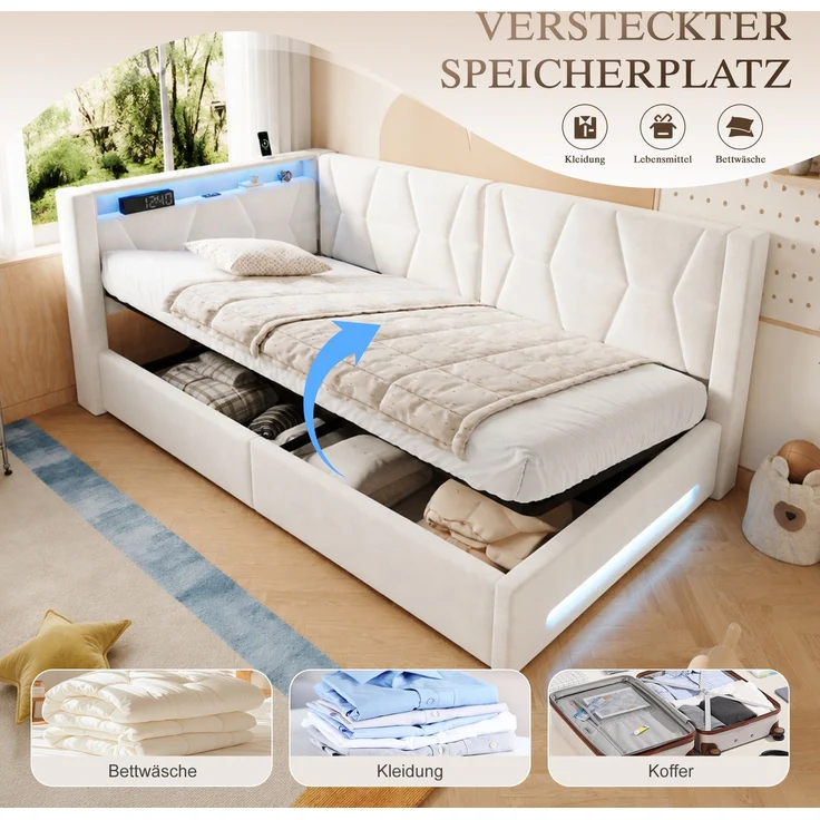 LVHOM Einzelbett 90x200 cm mit Stauraum, Polsterbett mit LED, USB und Type-C, Jugendbett, Hydraulischem Bettgestell, Samt, Beige – Bild 4