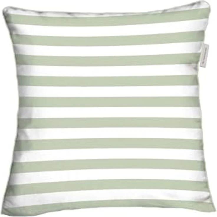 TOM TAILOR Perkal-Kissenhülle, 40x40 cm, 100% Baumwolle, Wendemotiv mit farbiger Paspel, STRIPES WITH A KICK, Hellgrün & Pfirsich (Green Leaf & Juicy Peach) – Bild 1
