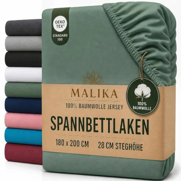 MALIKA® Spannbettlaken 120x200cm Baumwolle Jersey, perfekte Passform für Matratzen bis 28 cm, Oeko-Tex zertifiziert – Bild 1