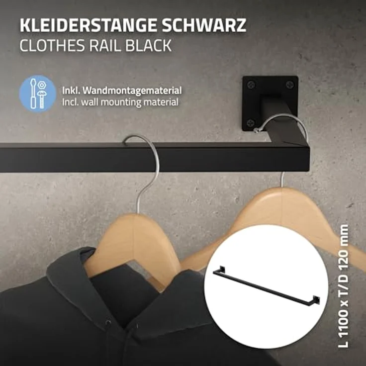 ML DESIGN Kleiderstange U-Form 2er Set, Rechteck für Wandmontage, T12cm x B110cm, Schwarz, Stahl, inkl. Montagematerial, belastbar bis 50 kg – Bild 2
