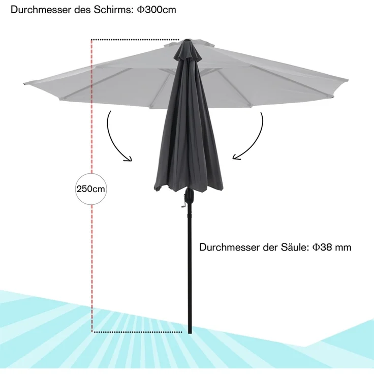 Sonnenschirm Marktschirm Ø3m grau Beleuchtung Strandschirm Gartenschirm UV – Bild 6