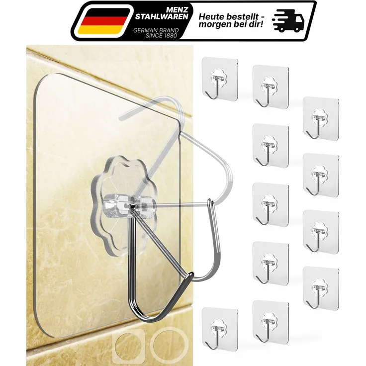 Lindenstein Transparente Outdoor-Klebehaken 12er-Set – 180° drehbar, für Wand und Decke